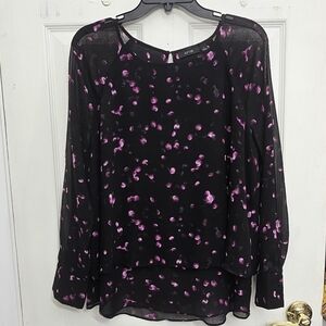 Apt. 9 Women’s L Black Purple Petal Print Chiffon Layered Blouse – Long Sleeve